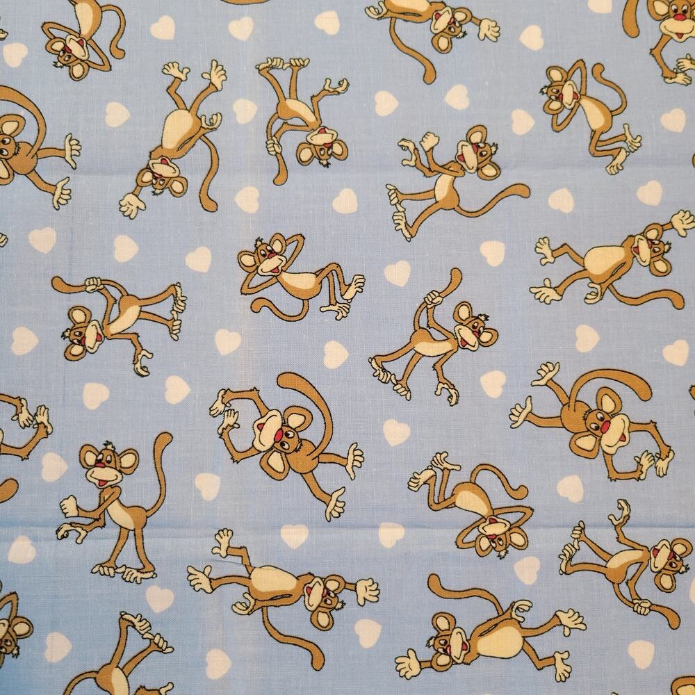 Cotton Fabric Bo the Monkey Blue Hearts Print 26x44" Cartoon Character